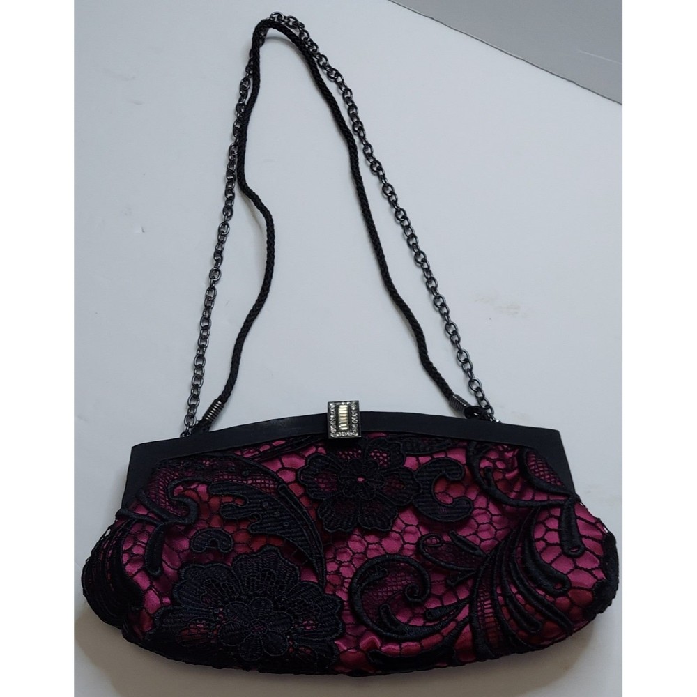 Lulu Townsend Black Lace & Fuchsia Pink Satin Shoulder Handbag Purse